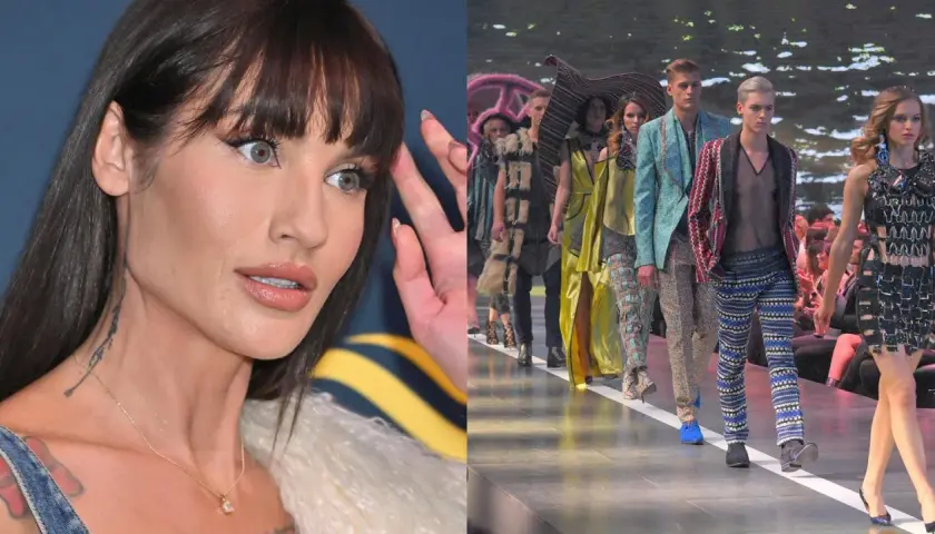 Karolina Gilon kiedyś na pokazie mody, gdzie modele prezentują ekstrawaganckie stroje.