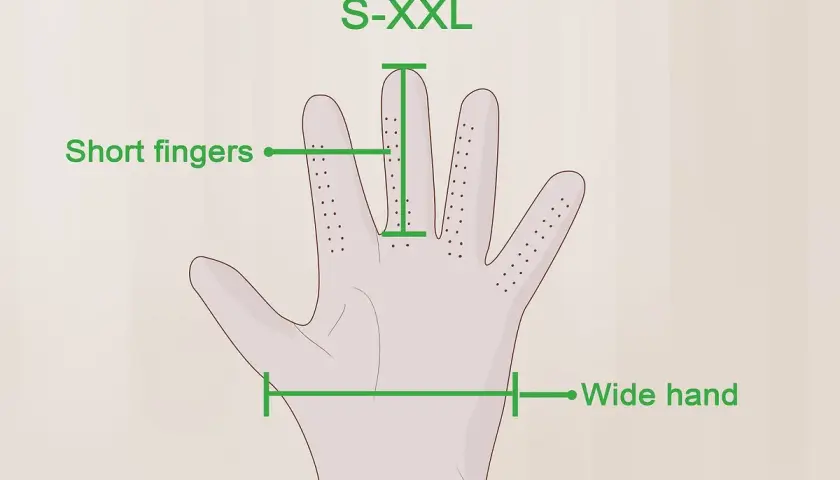Guía para como medir la mano para guantes: ancho de mano y largo de dedos (S-XXL).