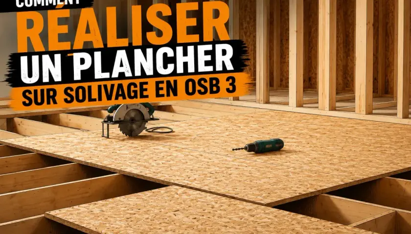 Comment réaliser un plancher sur solivage en OSB 3. Une scie circulaire et une perceuse sont posées sur le plancher en cours de pose.