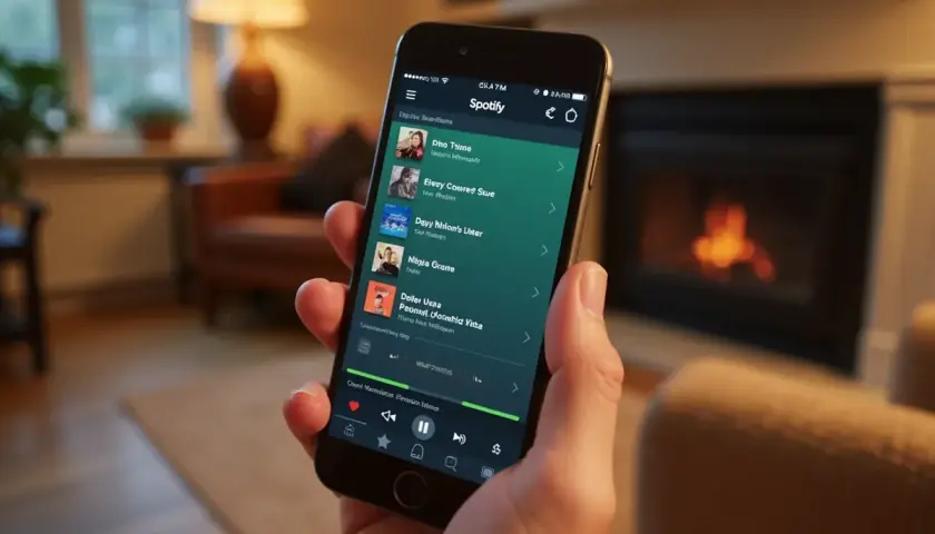 Dłoń trzyma smartfon z otwartą aplikacją Spotify, wyświetlającą listę utworów.
