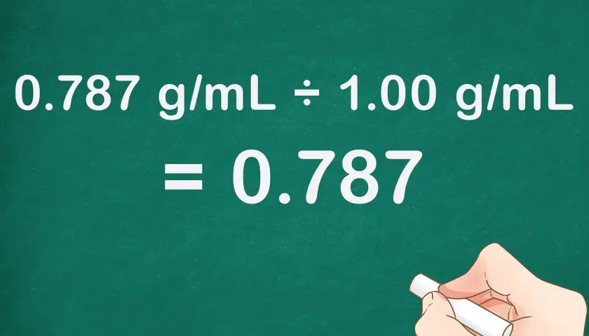 Cálculo de la gravedad específica del agua: 0.787 g/mL dividido por 1.00 g/mL es igual a 0.787.