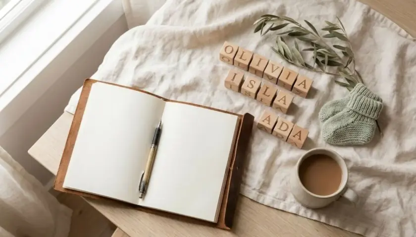 Blocchi di legno con nomi inglesi femminili rari: Olivia, Isla, Ada. Accanto, un quaderno aperto, una tazza di caffè e un paio di scarpine da neonato.