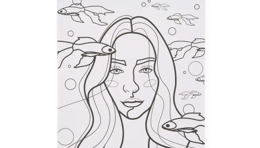 Dibujo de una chica para colorear, rodeada de peces y burbujas.