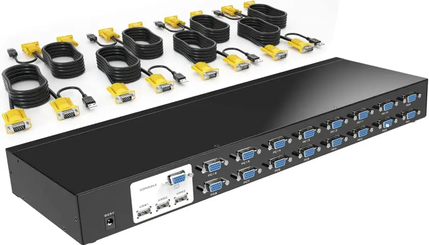 Przełącznik KVM z wieloma portami VGA i USB, idealny do zarządzania wieloma komputerami. Ten system displaylink ułatwia podłączenie i kontrolę.