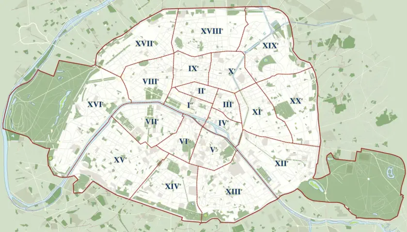 Mapa Paryża z zaznaczonymi dzielnicami. Czy 14 dzielnica Paryża jest bezpieczna? Ta mapa nie udziela odpowiedzi, ale pokazuje jej położenie.