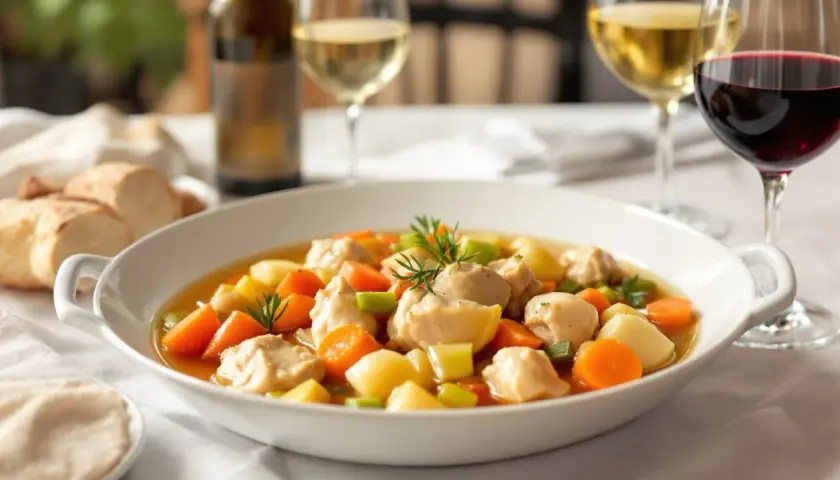 Un plat de poule au pot réconfortant, garni de carottes et de pommes de terre, accompagné de vin blanc et rouge.