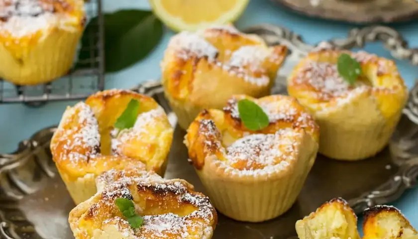 Deliziosi budini di riso in stampini, spolverati di zucchero a velo e guarniti con menta. Un assaggio di dolcezza.