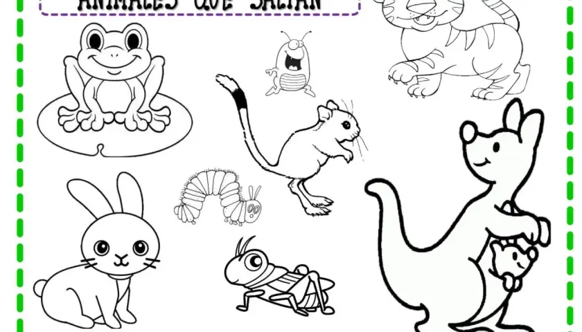 Fichas de animales para imprimir: un tigre, un canguro con cría, un conejo, una rana, un ratón, una oruga y un saltamontes. ¡A colorear!