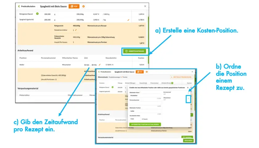 Erstelle eine Kosten-Position für Spaghetti mit Bolo Sauce, ordne sie einem Rezept zu und gib den Zeitaufwand pro Rezept ein.