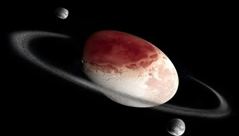 Okrążana pierścieniem planeta karłowata Haumea z dwoma księżycami na czarnym tle kosmosu.
