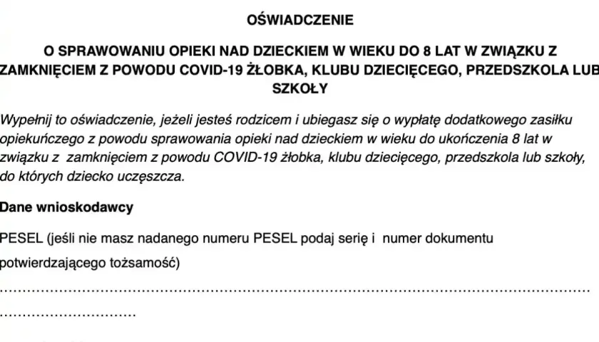 Oświadczenie o sprawowaniu opieki nad dzieckiem do 8 lat z powodu zamknięcia placówki (żłobek, przedszkole, szkoła) w związku z COVID-19. Druk z-15a.