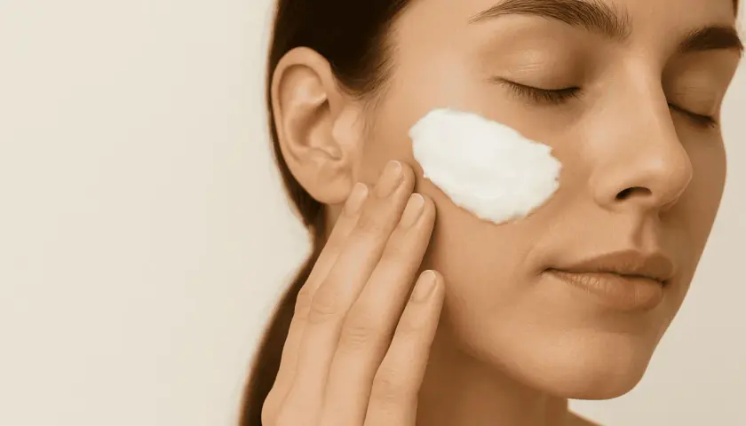 Mujer aplica crema con centella asiática en su rostro. Piel radiante y cuidada.