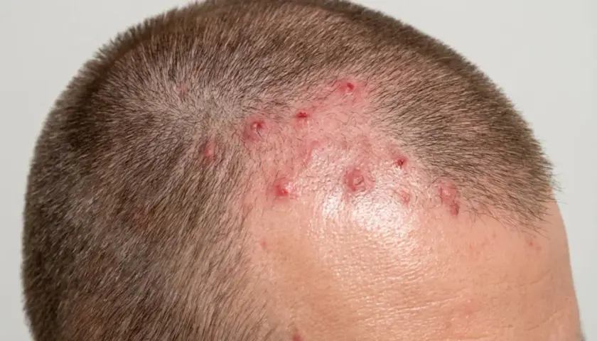 Närbild på en mans huvud med utslag och rodnad som kan tyda på rosacea i hårbotten.