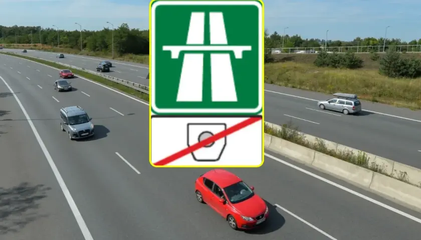 Znak autostrady i znak końca winiety na tle czeskiej autostrady z samochodami.
