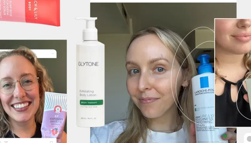 Kvinna visar hudvårdsprodukter för keratosis pilaris ansikte. Glytone, La Roche-Posay och First Aid Beauty.