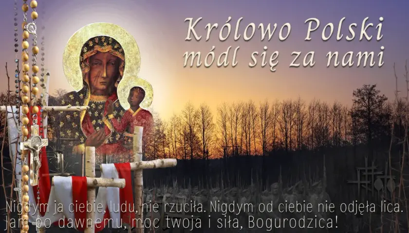 Ikona Matki Boskiej z Dzieciątkiem, różaniec, krzyże, polska flaga i tekst.