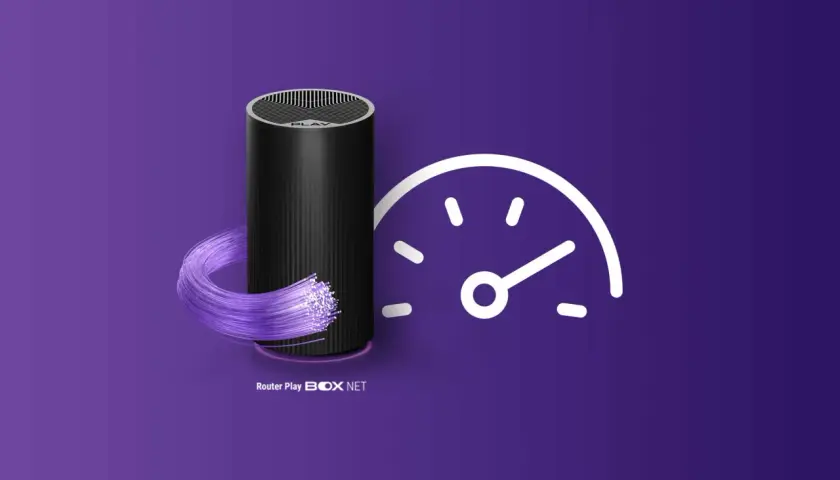 Router Play BOX NET z światłowodem i ikoną prędkościomierza. Dowiedz się, jak przyspieszyć internet w laptopie.