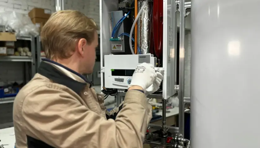 Technik w białych rękawiczkach sprawdza grzałkę miernikiem wewnątrz urządzenia.