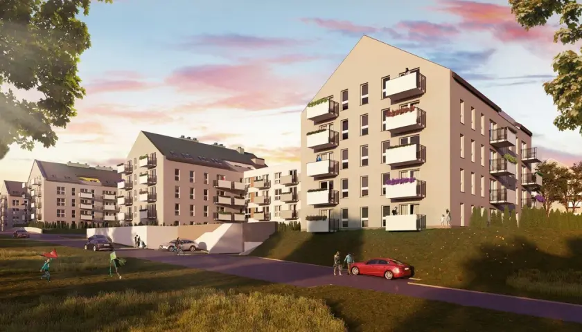 Nowoczesne apartamenty Królewskie Tarasy Wieliczka z balkonami i zielenią. Dzieci puszczają latawiec na trawiastym zboczu.