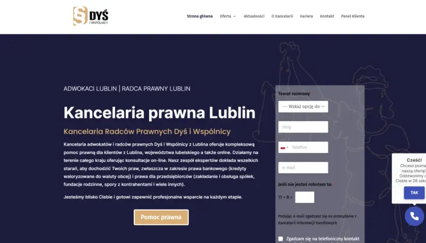 Logo kancelarii prawnej Dyś i Wspólnicy na tle granatowej strony internetowej.