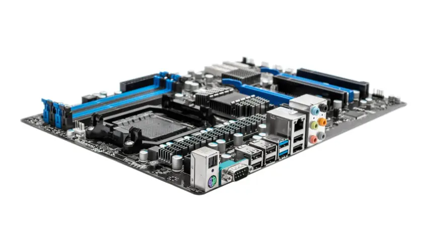 Carte mère de PC avec connecteurs USB, audio et vidéo. Pour savoir comment voir la carte mère de son PC, il faut l'ouvrir.