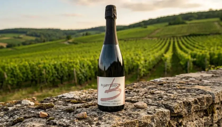 Bouteille de Bugey Cerdon blanc posée sur un muret de pierre, avec des vignes à perte de vue en arrière-plan.