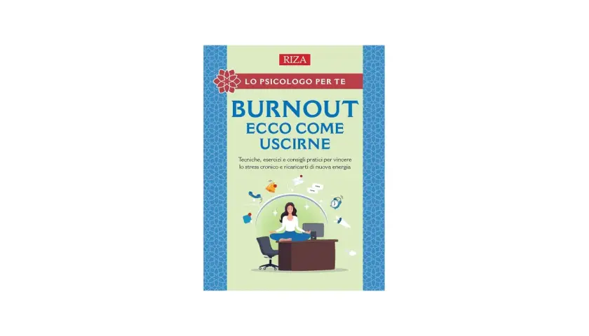 Copertina libro "Burnout Ecco Come Uscirne". Una donna medita alla scrivania, circondata da icone di stress. Utile per chi soffre di burnout mamma come uscirne.