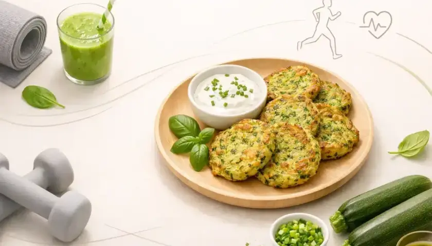 Placki z cukinii na talerzu, obok dipu, zielonego smoothie, cukinii i hantli.