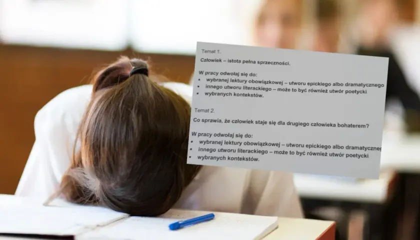 Zmęczona uczennica z głową na zeszycie, nad nią arkusz z tematem "Człowiek – istota pełna sprzeczności".