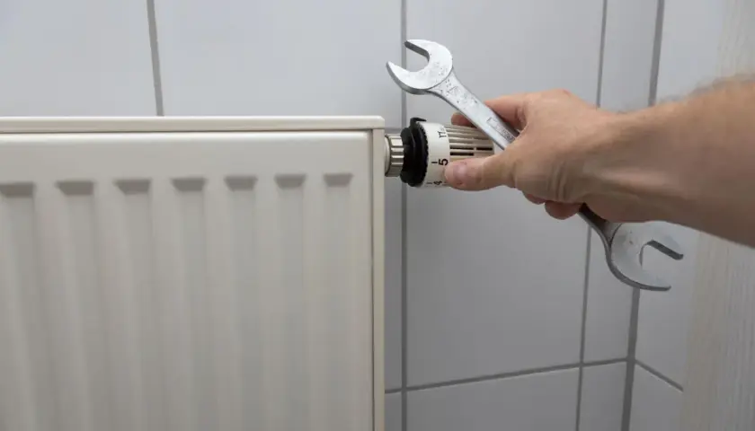 Dłoń z kluczem nastawia termostat, pokazując, jak spuścić wodę z kaloryfera.
