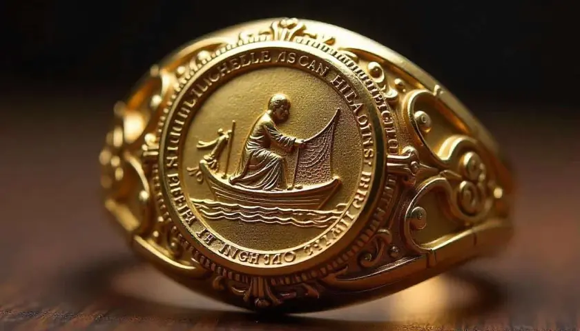 Goldener Siegelring mit Fischermotiv, der an den Siegelring des Papstes erinnert.