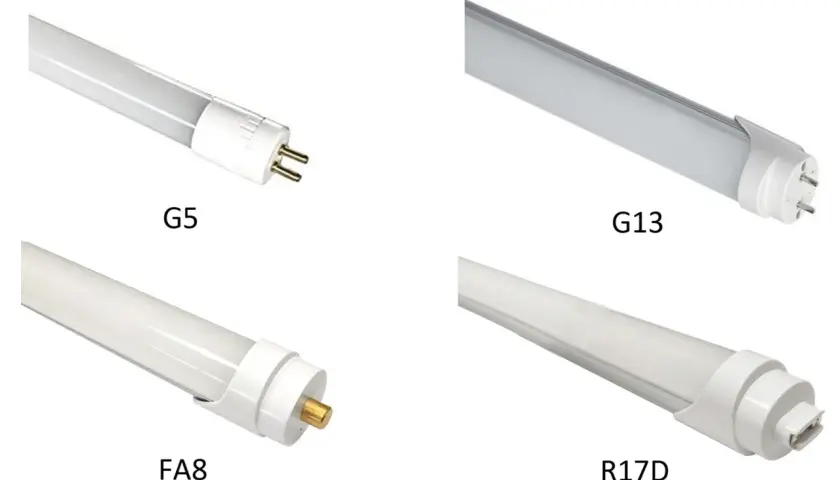 Comparativa de tamaños de tubos led: G5, G13, FA8 y R17D, mostrando sus diferentes conectores.
