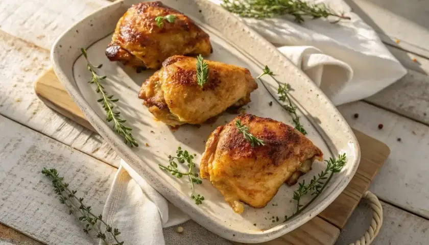 Trois belles cuisses de poulet au four, dorées et savoureuses, garnies de thym frais sur un plat en céramique.