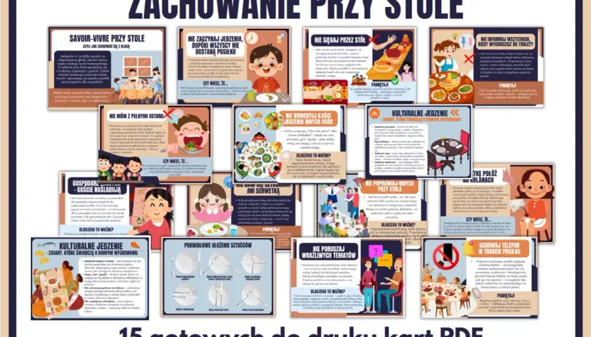 Zasady savoir-vivre przy stole dla dzieci: nie zaczynaj jeść pierwszy, nie mów z pełnymi ustami, nie komentuj jedzenia innych, nie sięgaj przez stół.