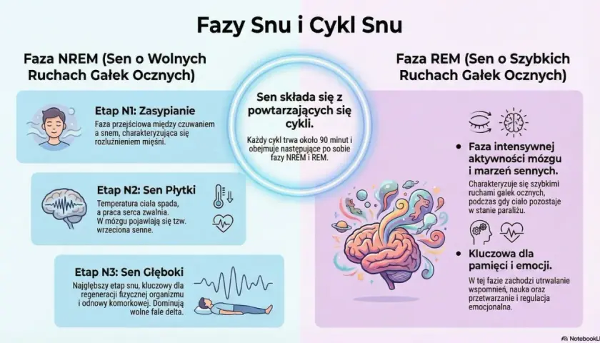 Ilustracja wyjaśnia, jak działa sen, przedstawiając fazy NREM (zasypianie, sen płytki, sen głęboki) i REM (intensywna aktywność mózgu, marzenia senne).