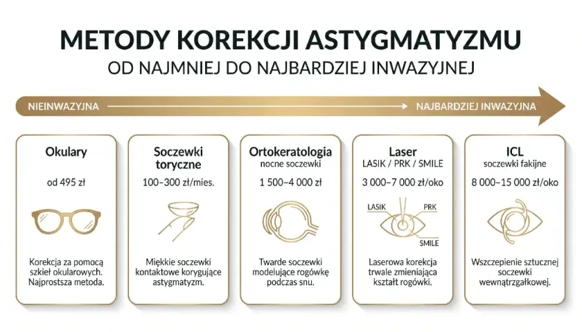 Metody korekcji astygmatyzmu: okulary, soczewki, ortokorekcja, laser, ICL. Dowiedz się, co to astygmatyzm i jak go leczyć.