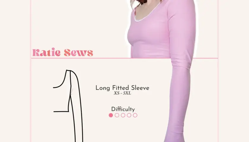 A pink long sleeve shirt pattern is shown, with text indicating "Long Fitted Sleeve" in sizes XS-5XL and difficulty level.