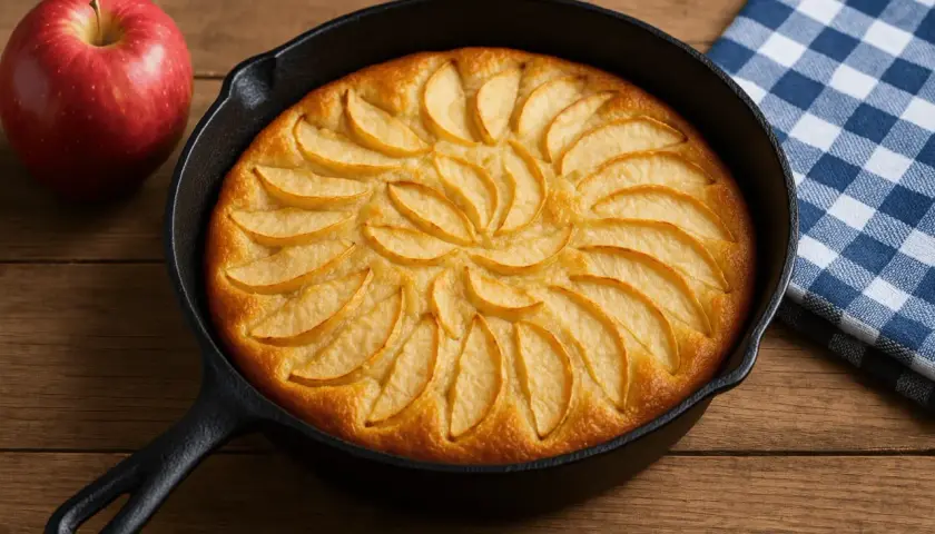 Un délicieux gâteau léger aux pommes à la poêle, joliment décoré de quartiers de pommes, prêt à être dégusté. Une pomme rouge à côté et une serviette à carreaux bleus complètent la scène.