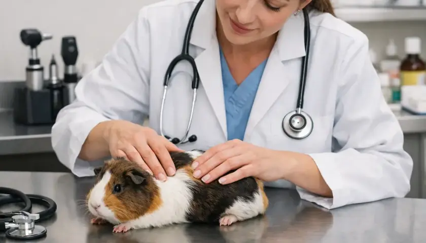 Vétérinaire examinant un cochon d'Inde, peut-être pour un cas de constipation. Le rongeur est sur une table métallique.