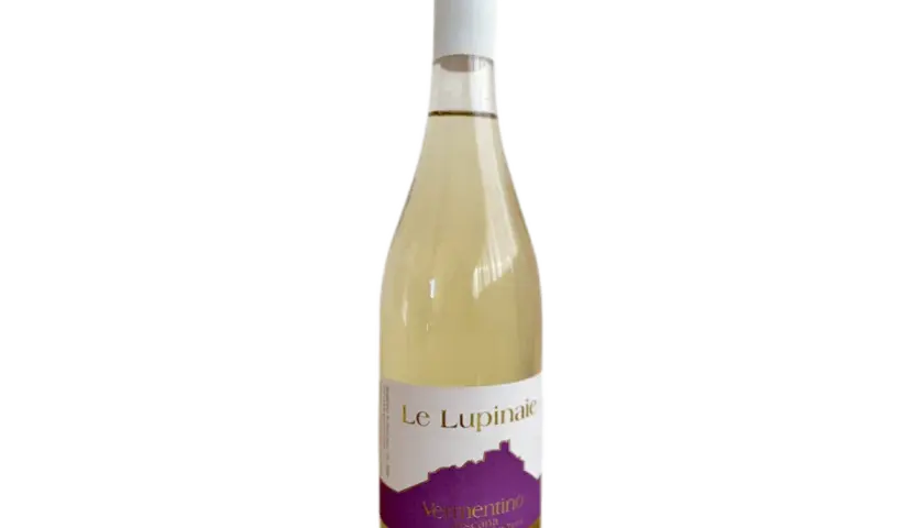 Butelka wina Le Lupinaie Vermentino, z etykietą przedstawiającą fioletowy zamek.