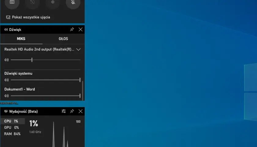 Zrzut ekranu Windows 10 z widocznymi panelami Ujęcie, Dźwięk i Wydajność (Beta).