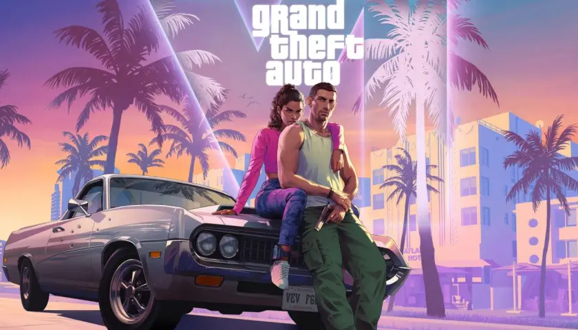 Para GTA 6 wymagania, para siedzi na samochodzie na tle palem i neonów.