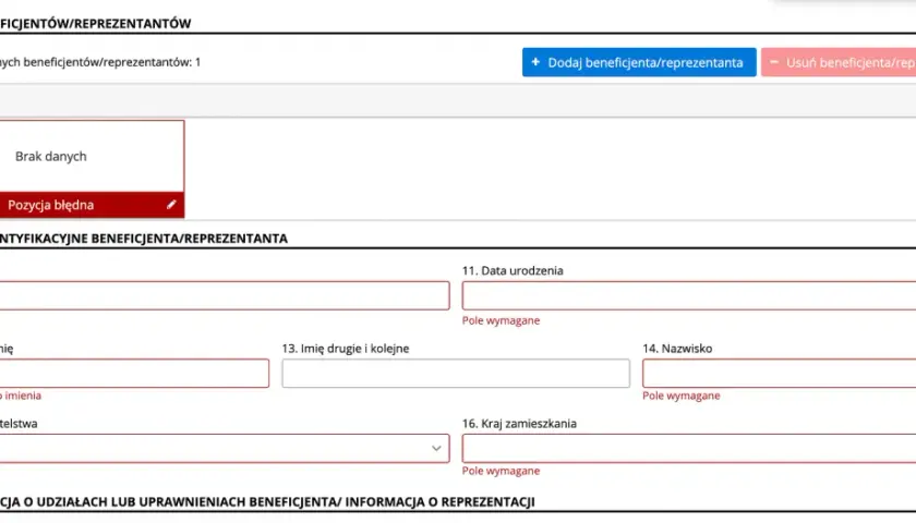 Formularz do wprowadzania danych beneficjenta rzeczywistego, widoczne pola PESEL, imię, nazwisko, data urodzenia. Centralny rejestr beneficjentów rzeczywistych.