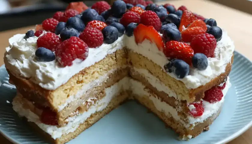 En läcker tårta med fluffig grädde och färska bär, byggd på en saftig glutenfri tårtbotten.