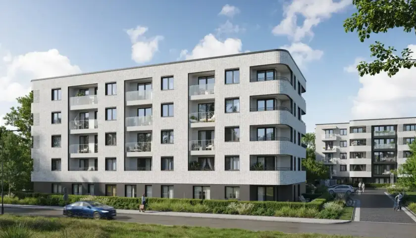 Nowoczesne bloki mieszkalne z balkonami, otoczone zielenią. Pewność zakupu dzięki gwarancji rękojmi.