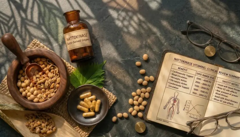 Nattokinase a cosa serve? Soia, capsule e un libro che illustra i benefici per la circolazione sanguigna.
