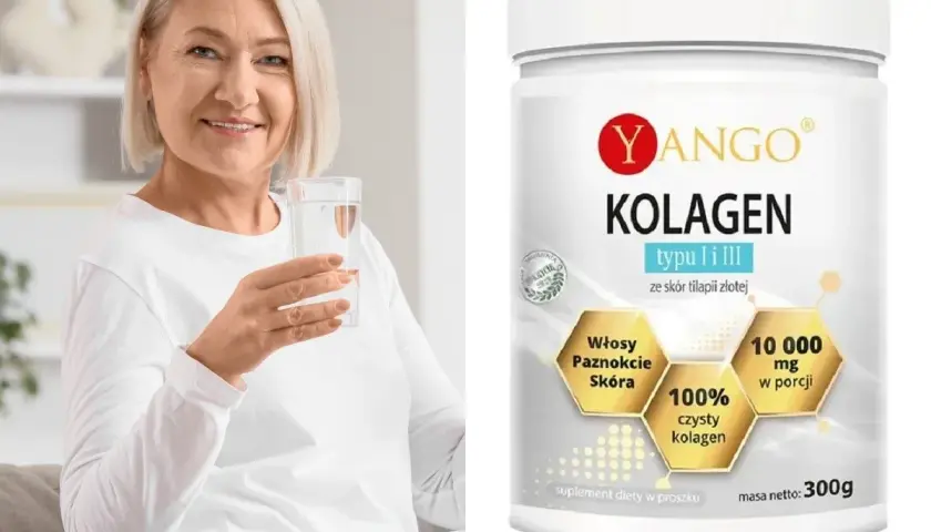 Uśmiechnięta kobieta z wodą w ręku obok opakowania Yango Kolagen na skórę, włosy i paznokcie.