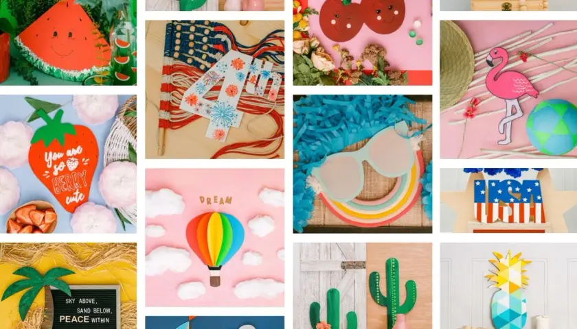 Collage de manualidades de verano: sandía, cactus, cerezas, flamenco, piña, globo aerostático. ¡Un dibujo fácil para el verano!