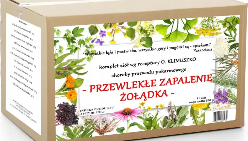 Zioła na zapalenie żołądka: komplet 11 ziół wg receptury O. Klimuszko, wspierający trawienie. Waga 550g.