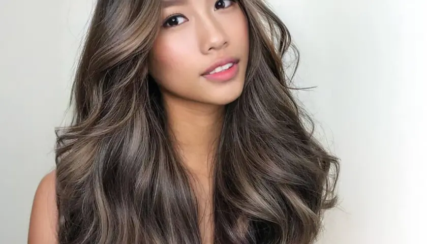 Mujer con cabello castaño con reflejos claros, ondulado y brillante. Descubre cómo dar brillo al pelo teñido para un look radiante.